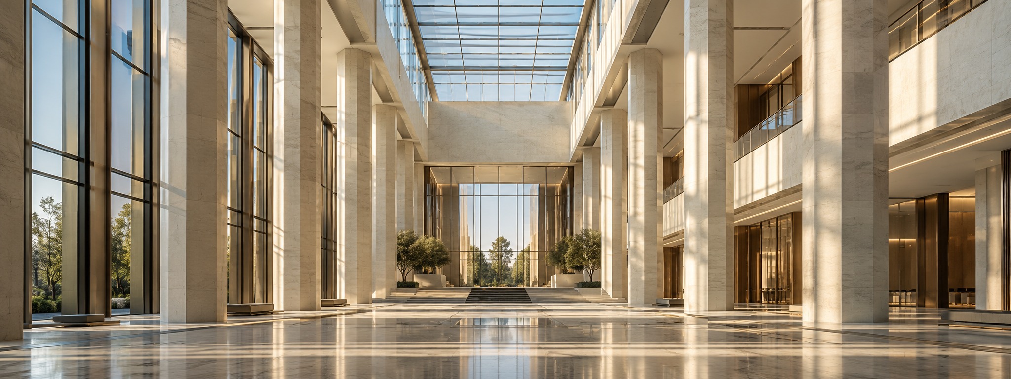 Monumental glass and limestone atrium in warm architectural light