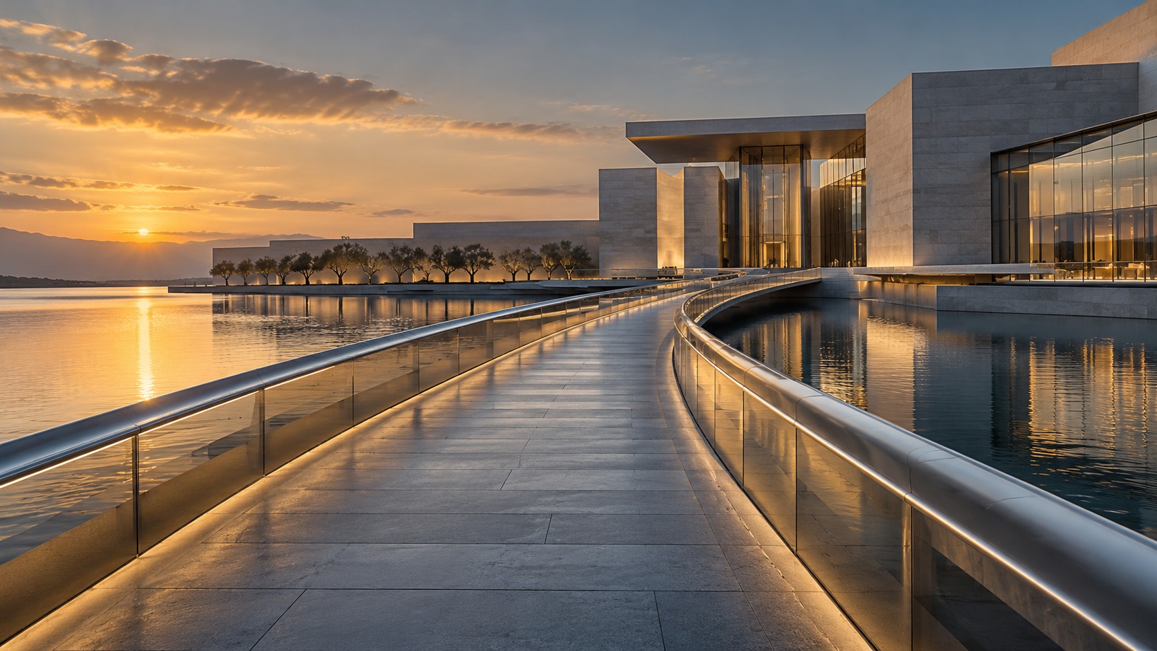 Sculptural steel and glass bridge over calm water at dusk